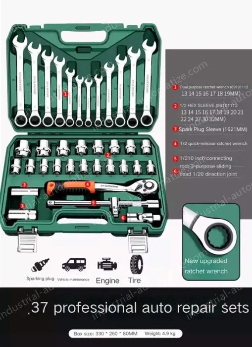 Upgraded ratchet model 72-tooth curved handle auto repair 37-piece set